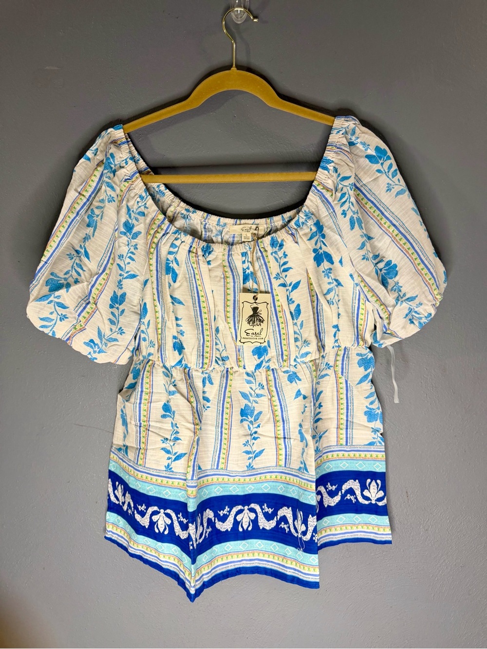 Easel Blue & White Off-Shoulder Floral Peplum Top